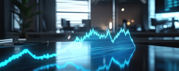Close up of a blue glowing stock market graph on a desk in a modern office environment setting