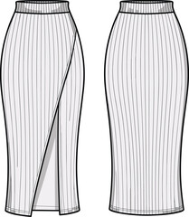 Cad drawing flat vector illustration, pencil skirt design, vertical stripe detail, front slit variation, fitted waistband, fashion sketch, apparel template**