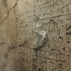 Obraz premium Ancient Inscriptions on Stone: A close-up perspective captures ancient inscriptions meticulously etched into the weathered surface of a stone artifact, offering a glimpse into history.