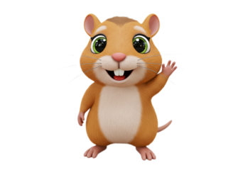 Cute Brown Hamster Waving Hello on Transparent Background