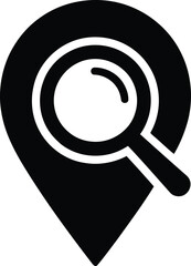 Black location pin with magnifying glass icon marker search