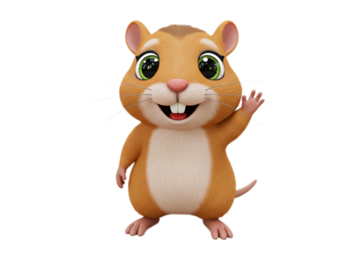 Cute Brown Hamster Waving Hello on Transparent Background