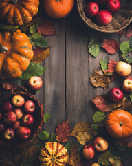 Autumn harvest arrangement with pumpkins, apples, and colorful leaves on wooden background