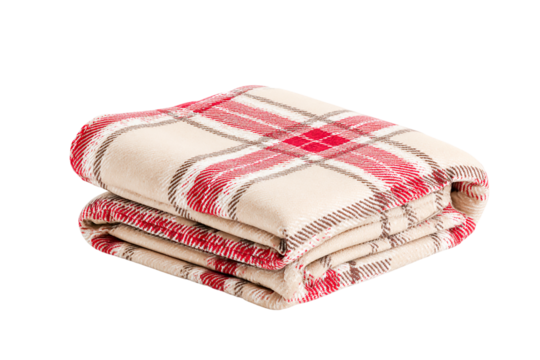 Folded plaid blanket in red and beige isolated on transparent background