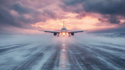 A plane is taking off from a snowy runway