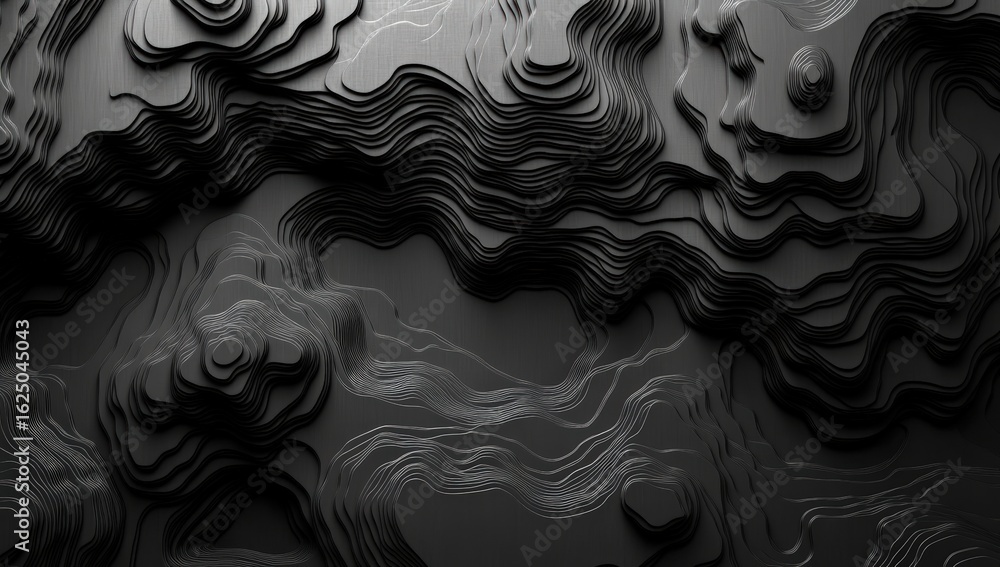 Poster abstract black and white layered texture reminiscent of topographical maps or waves, showcasing intr
