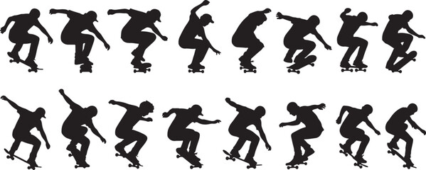 Naklejka premium Black silhouette skateboarders performing various tricks, skateboarder, skateboarding, silhouette, trick, action, sport, extreme sport, young, male, person, movement, dynamic, jump, flip, grind, ollie