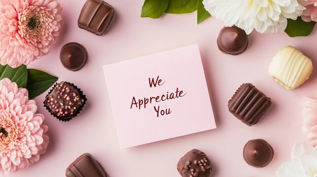 Sweet chocolate treats and flowers celebrate appreciation with a we appreciate you heartfelt message written on a pink note