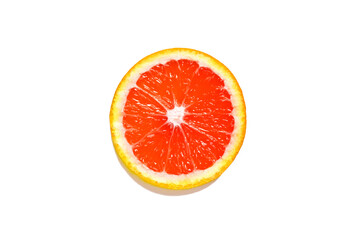 Red orange slice isolated on a white background. Top view. Horizontal shot. Orange fruit background. Citrus fruit. Healthy food.