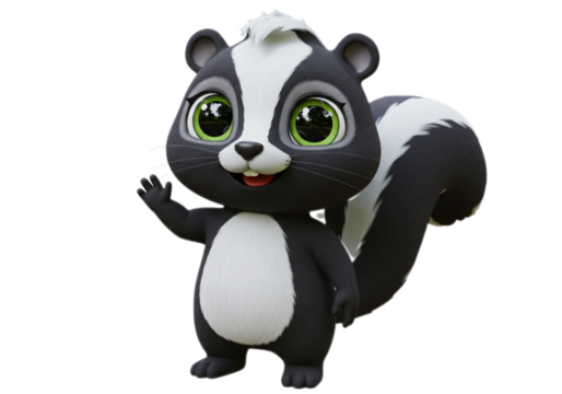 Cute Cartoon Skunk Waving Hello with Green Eyes on Transparent Background