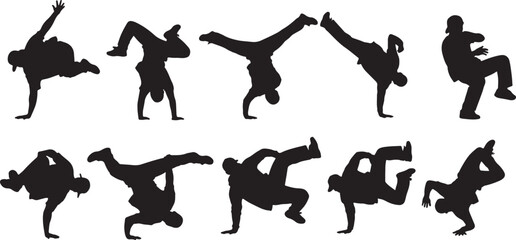 Black silhouettes of breakdancers in various dynamic poses, breakdancing, bboy, silhouette, dancer, dance, hip hop, street dance, athletic, movement, energy, dynamic, pose, action, performance, sport,