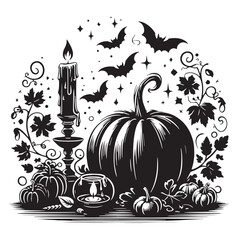 black Pumpkin with candle Silhouette Vector, High Quality Illustration on White Background