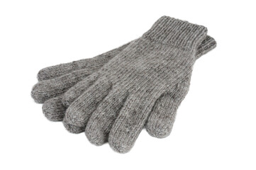 gray woolen gloves isolated on a white background. top view.