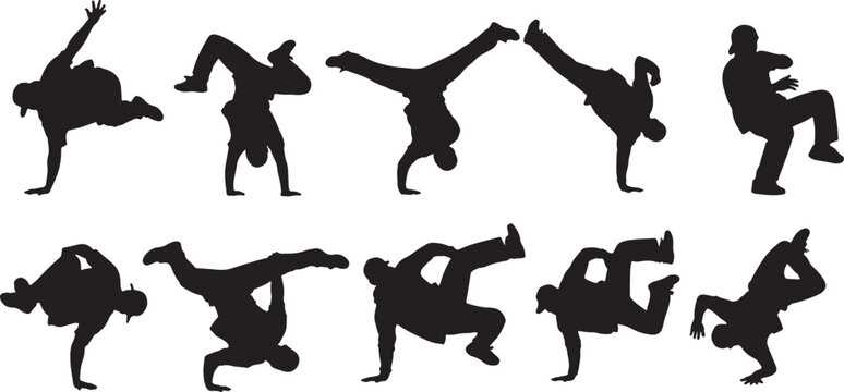 Black silhouettes of breakdancers in various dynamic poses, breakdancing, bboy, silhouette, dancer, dance, hip hop, street dance, athletic, movement, energy, dynamic, pose, action, performance, sport,