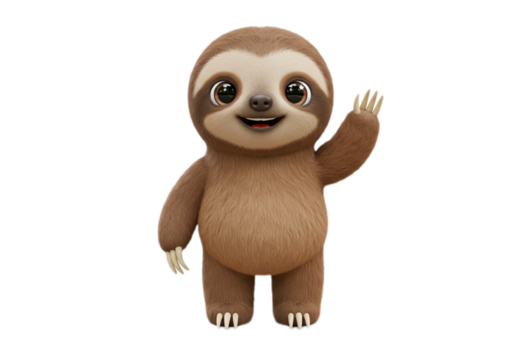 Cute Sloth Waving Brown Furry Animal Cartoon on Transparent Background