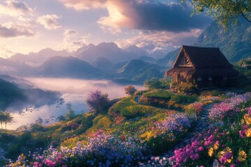 A cozy village home surrounded by nature, reflecting rural charm and simple living.