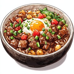 Japanese food gyudon national cuisine dish isolated on white background, colorful cartoon illustration