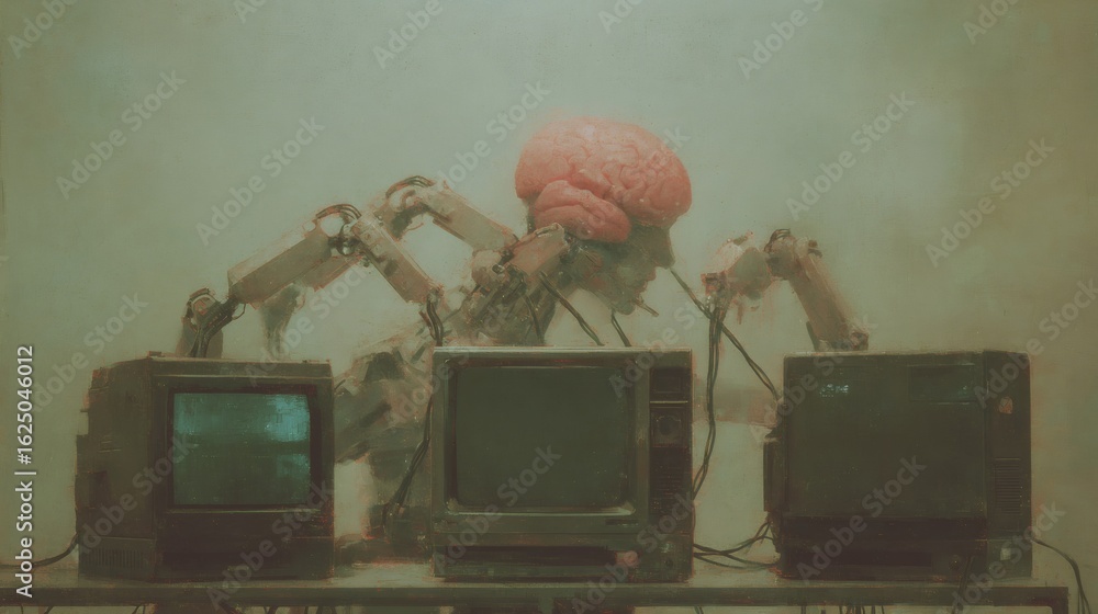Poster brain controlling robot arms connected to old television screens on a table. artificial intelligence
