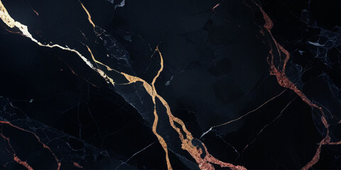 Luxurious marble texture with a predominantly black background and flowing patterns with golden veins running through it, creating a striking contrast.