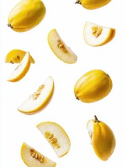 Falling identical quince slices floating in the air isolated on white background
