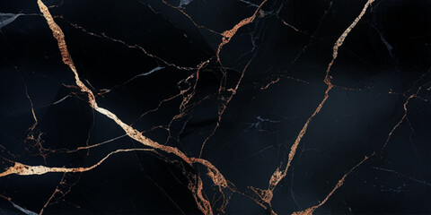 Luxurious marble texture with a predominantly black background and flowing patterns with golden veins running through it, creating a striking contrast.