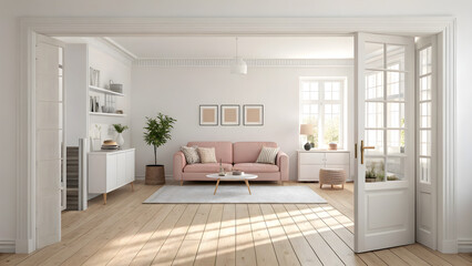 Fototapeta premium Elegant living room with pink sofa and natural light