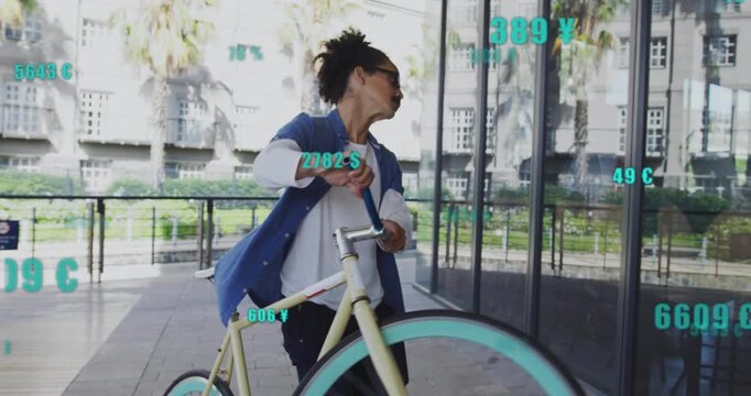 Bicyclist slowing at railing, parking bike against wall with drifting numeric overlays in tech demo
