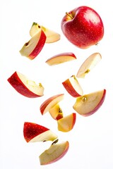 Falling slices apple cut into pieces floating in the air with sharp shapes isolated on white background