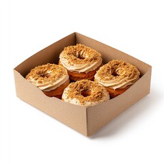 Crumb-Topped Donuts in Box  Cozy Pastry Quartet with Frosted Base in Open Cardboard Display for Rustic Bakery Branding and Comfort Decor
