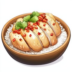 Chinese hainanese chicken rice national cuisine dish isolated on white background, colorful cartoon illustration