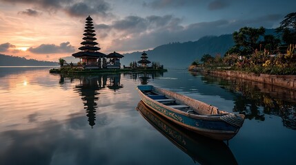 Tranquil Lake Bratan at Sunrise with Pura Ulun Danu Beratan Temple