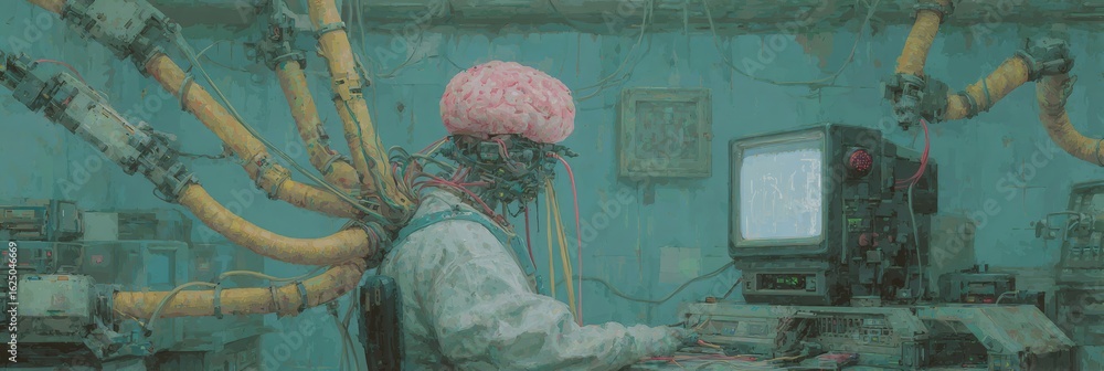 Poster being working at computer, connected to tubes that attach to large brain on head. artificial intelli