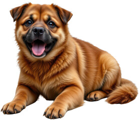 Obraz premium Happy brown fluffy dog laying on a white background with a smile