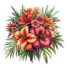 Fototapeta premium Vibrant tropical bouquet featuring red hibiscus and orange lilies with green foliage