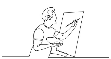 Continuous line drawing of a Professional artist painting a picture on canvas.A talented Young man artist with a brush in his hand picks up an oil painting.Painting Concept Work as a hobby,vector.