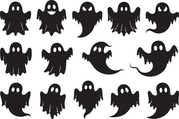 Obraz premium Fifteen Black Ghost Silhouettes with Different Expressions, ghost, halloween, silhouette, black, white background, spooky, scary, cute, playful, evil, character, icon, symbol, illustration, design ele