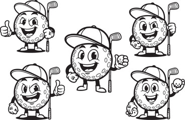 Five cartoon golf balls with faces and golf clubs character, golf, golf ball, cartoon, character, sport, game, club, happy, smiling, thumbs up, winking, holding golf ball, mascot, illustration, black 