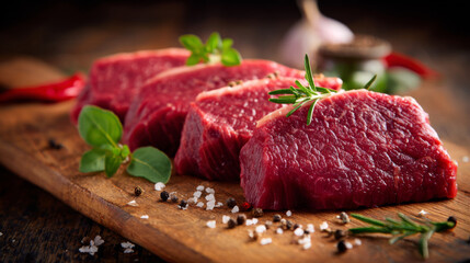 Fresh raw beef steaks neatly arranged on wooden board, garnished with herbs and spices, evoke sense of culinary delight and freshness