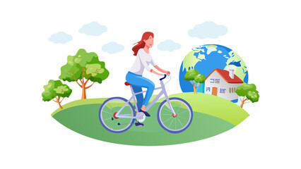 Woman cycling for environment earth day sustainable living and green lifestyle