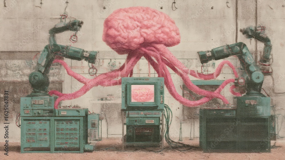Poster brain connected robotic arms to the monitor. artificial intelligence controlled by human mind. ai de