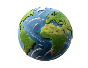 Lush green continents on a blue planet with swirling white clouds isolated on transparent background