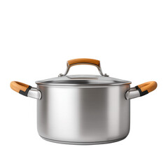 Stainless Steel Cooking Pot With Glass Lid And Wooden Handles Studio Shot Transparent Background