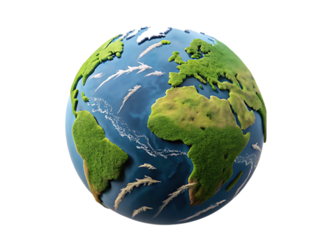 Lush green continents on a blue planet with swirling white clouds isolated on transparent background