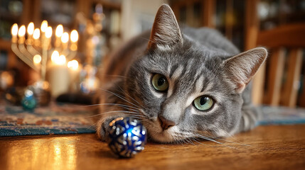 Gray Tabby Cat with Dreidel and Hanukkah Menorah for Holiday Celebration