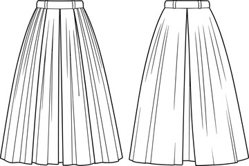 Cad drawing flat vector illustration, pleated skirt design, knife pleats, box pleats, fashion sketch, apparel template, waistband detail, garment flat sketch**