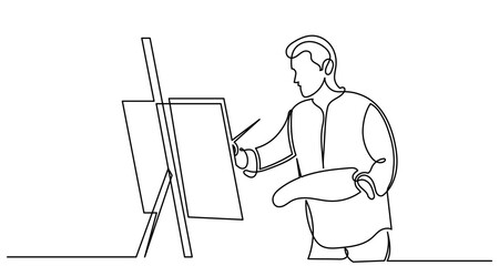 Continuous line drawing of a Professional artist painting a picture on canvas.A talented Young man artist with a brush in his hand picks up an oil painting.Painting Concept Work as a hobby,vector.