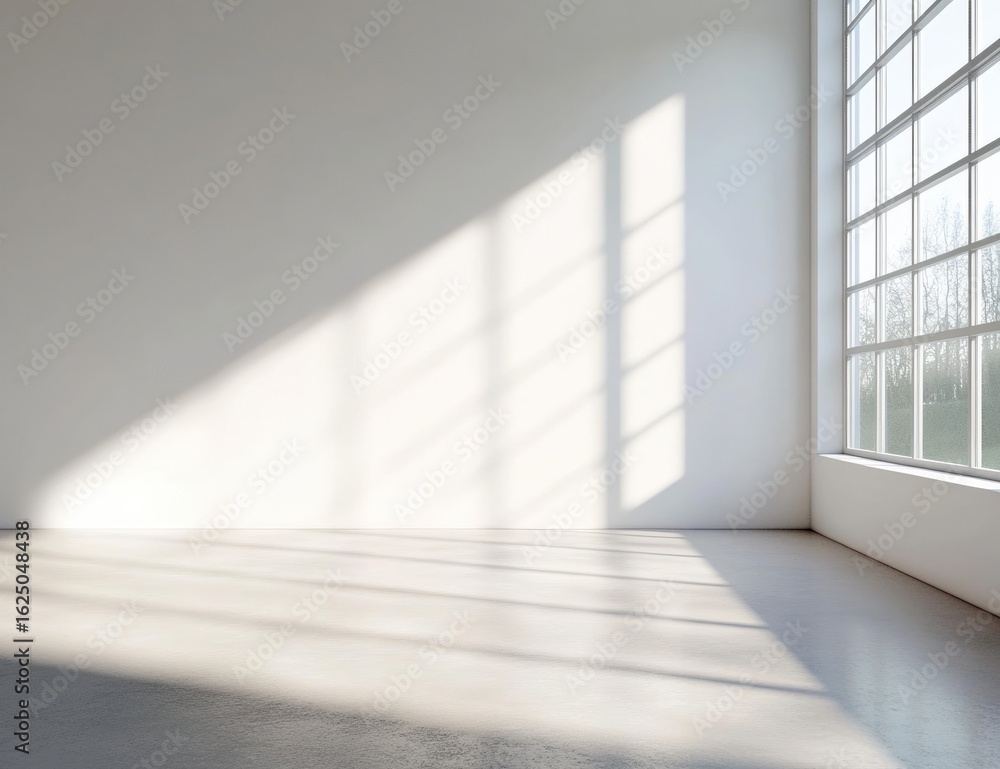 Poster a bright, minimalistic room with sunlight casting shadows through large windows, creating a serene a