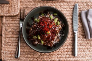 Modern seafood brunch menu items with mexican and japanese influence. Ceviche and poke bowl.