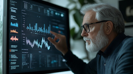 Analyzing financial data on a monitor, an older man with glasses points to a chart, possibly investment analysis or trading insights.