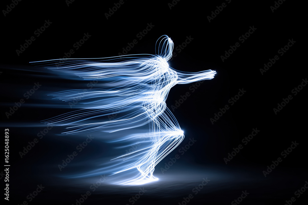 Aufkleber light trails depicting a dynamic figure in motion, showcasing speed and energy in a dark environment